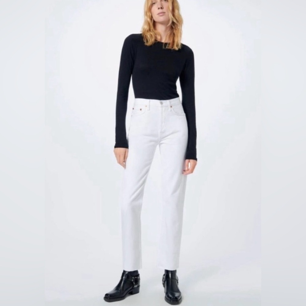 RE/DONE High Rise Ankle Crop Jeans White Raw Hem Size 28